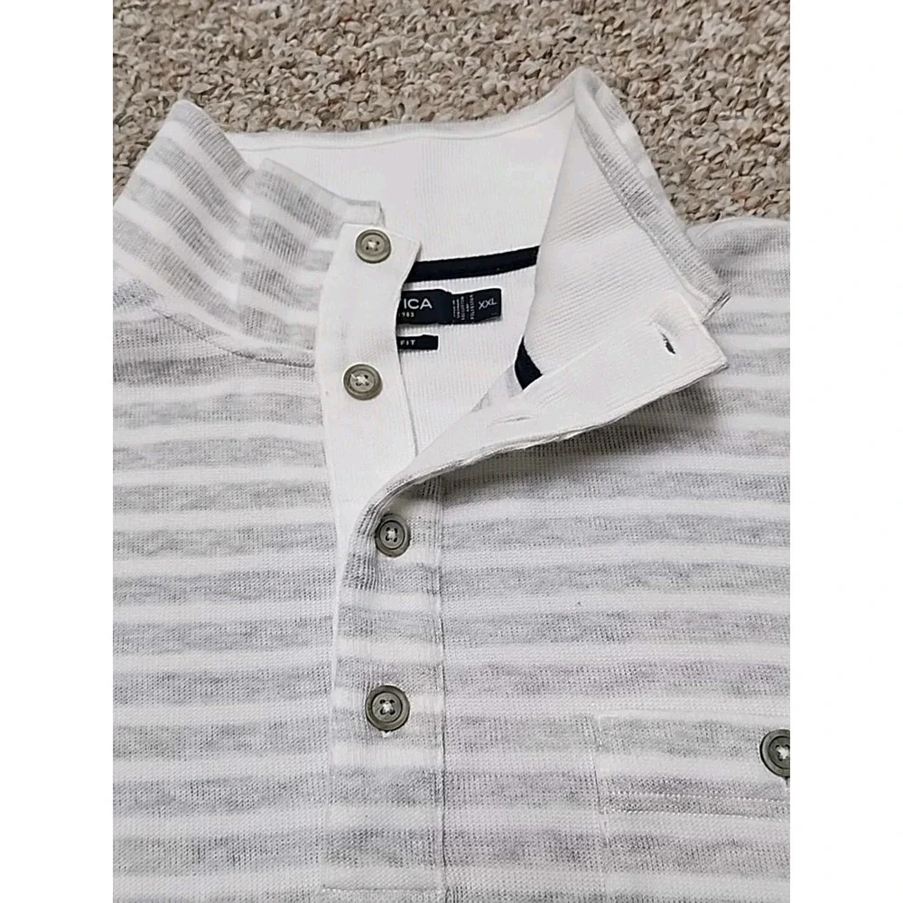 Nautica Sweater Large White Gray Striped Pocket Henley Mock Neck XXL Slim‎ Fit